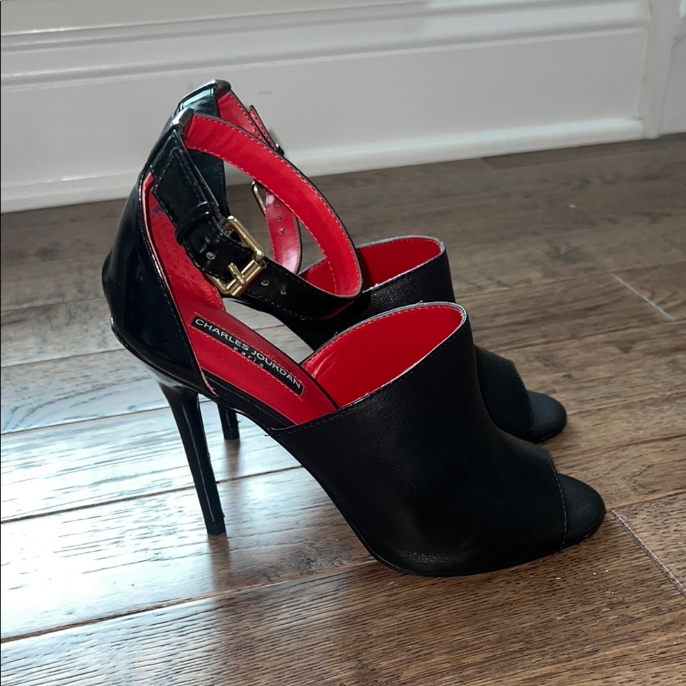 Charles Jourdan Black and Red Stiletto Ankle-Strap Heels